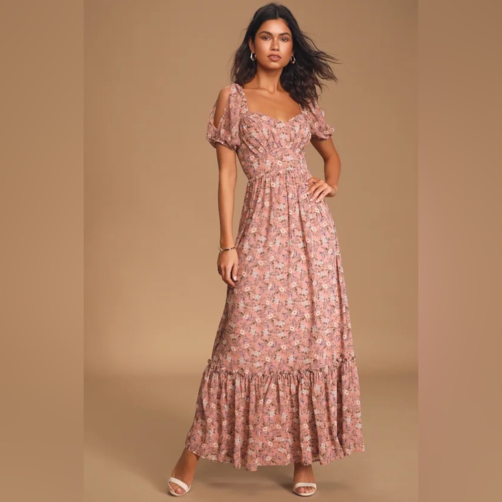 Lulus Feeling Fond Mauve Floral Print Puff Sleeve Maxi Dress Pink | XS